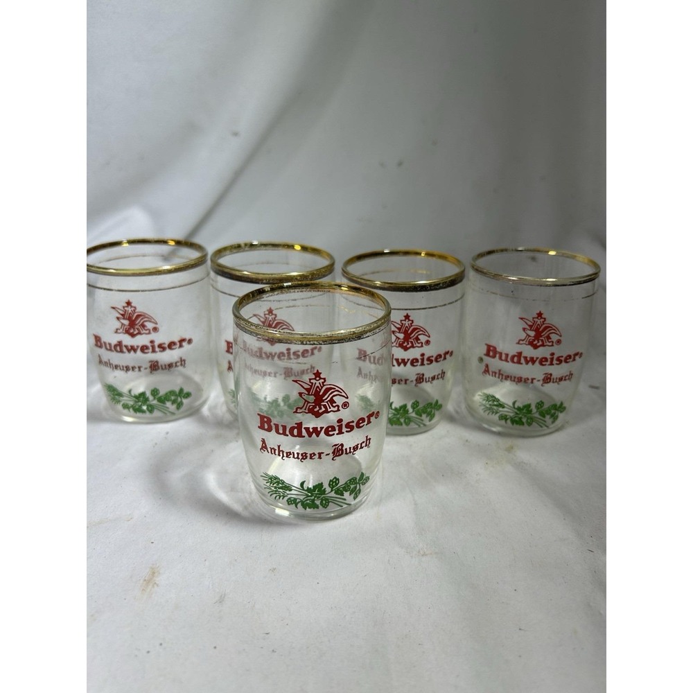 Set 5 Vintage Budweiser 3.25" Collector Barrel Tasting Glasses Gold Rim Red Logo